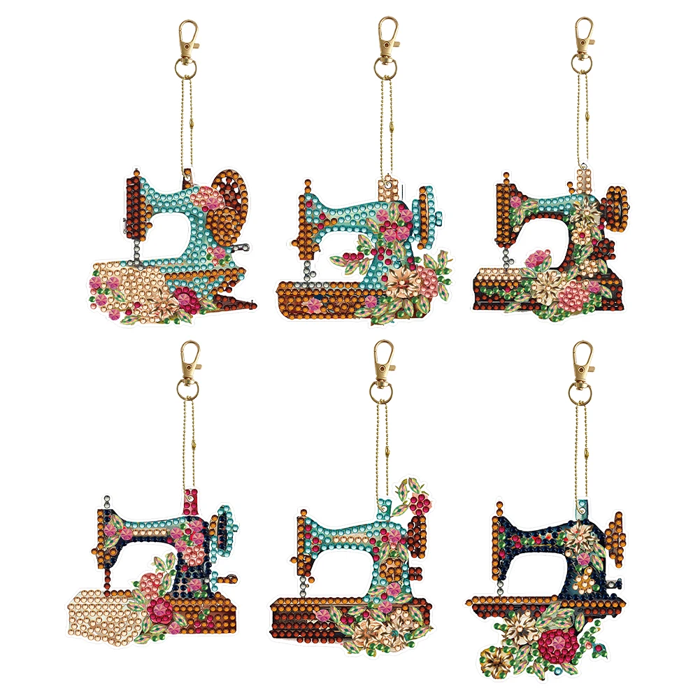 

DIY Diamond Painting Keychain Double Sided 6pcs Diamond Art Key Rings Sewing Machine Full Drill Diamonds Pendants Gift for Kids