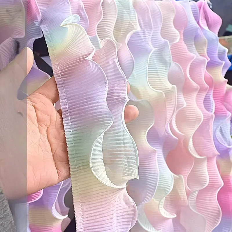 

Ткань дизайнерская с радужным градиентом, плиссированная, с кружевом миллефиори, волнистая, 3D, с оборками, для одежды, аксессуаров, наборов, DIY декора