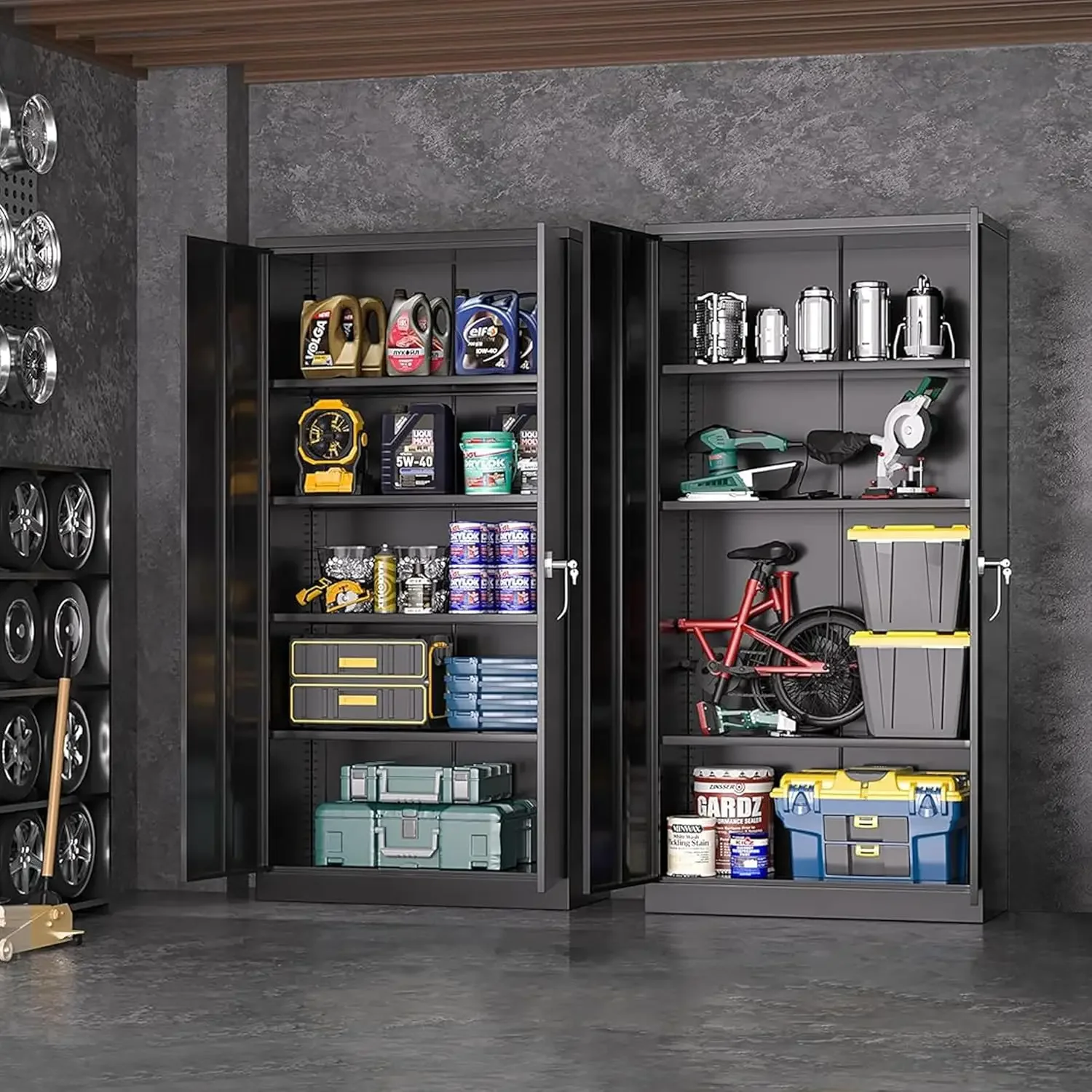 72” Black Garage Steel Locking Cabinet with Doors and 4 Adjustable Shelves, Tall Lockable File &Tool Cabinet for Home Office