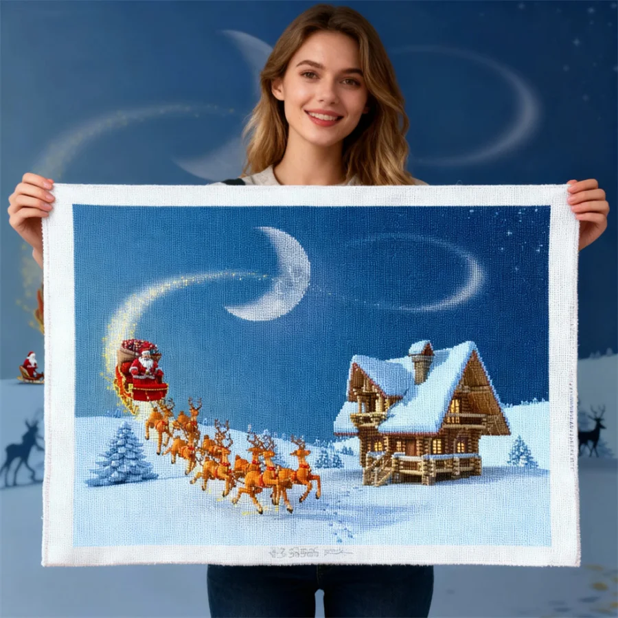 

2026 New Winter Christmas Reindeer Moon DIY Cross Stitch 11CT Embroidery Kit Needlework Craft Set Printed Canvas Thread Decor
