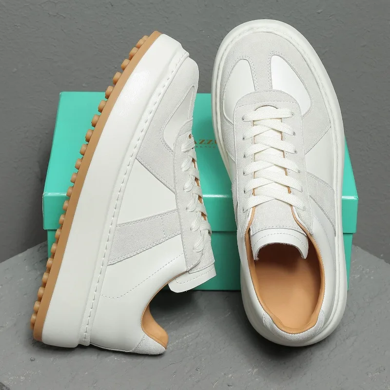 Old Money Style Men Trainers White Genuine Leather Platform Sneakers Retro Thick Sole Casual Shoes Height-increasing Board Shoes