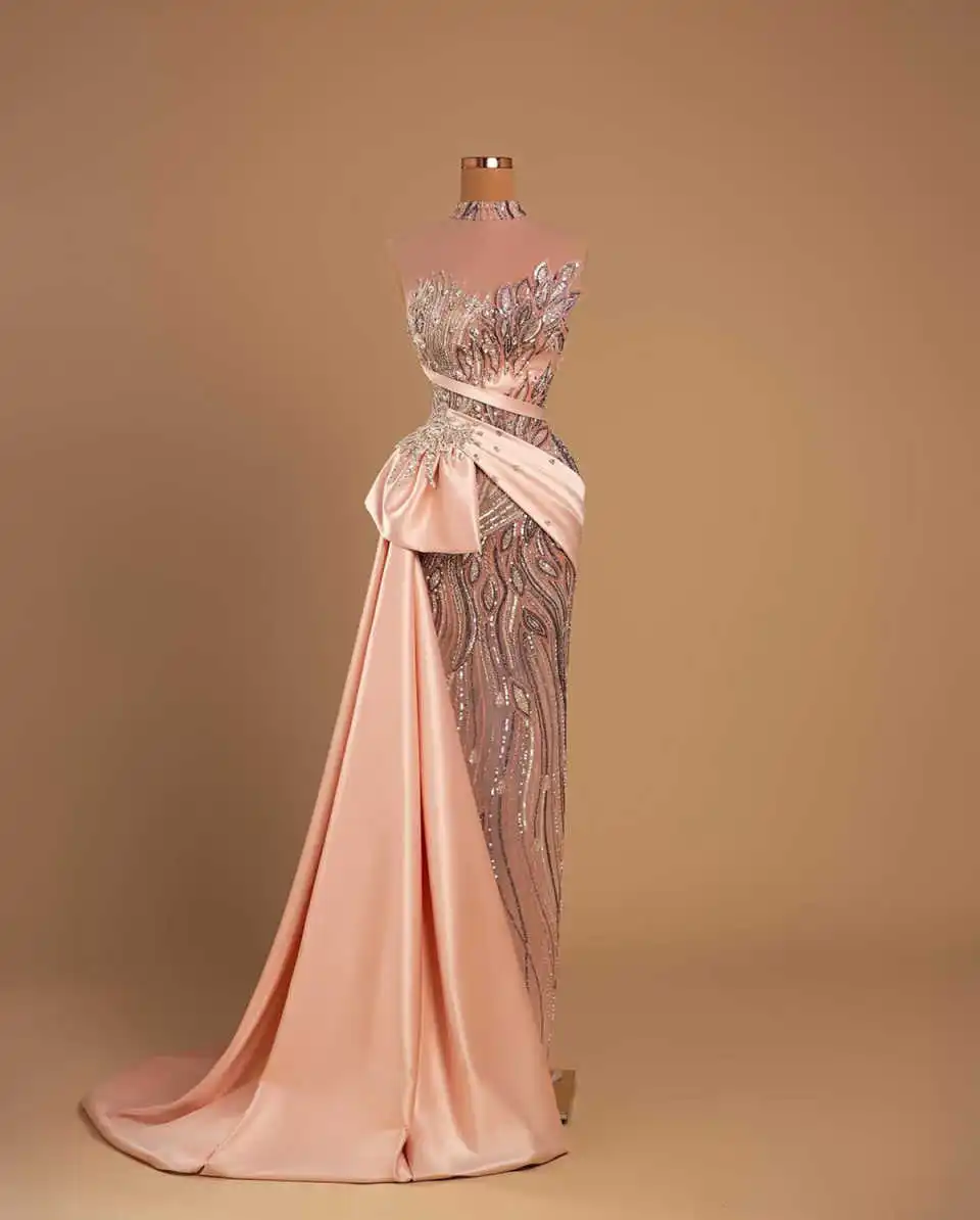 Designer Evening Dresses High Sheer Neck Sleeveless Gown Sequins Appliques Crystal Sweep Train Dress Party Customized Dress