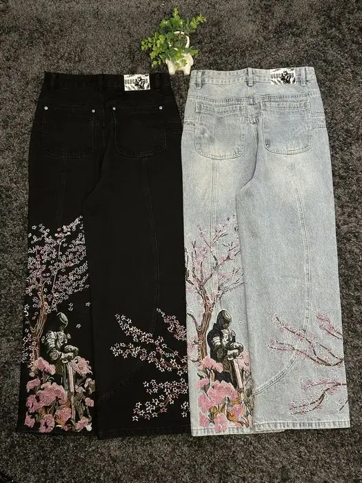 

Джинсы с вышивкой в стиле Y2K, ретро, готика, хип-хоп, уличная мода, свободные брюки для мужчин и женщин, с элементами денима и вышивкой в стиле цветов вишни.