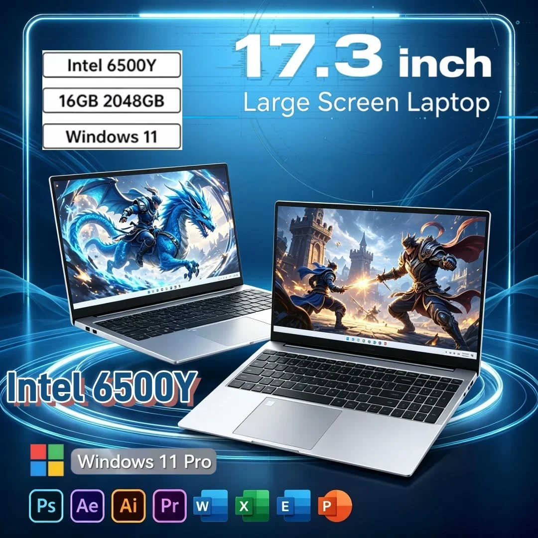 17.3 Inch Large Screen Laptop Sleek Intel 6500Y Windows11 16/32GB RAM 1/2TB BIG SSD Portable for Study Office