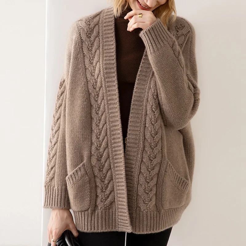 DAYIFUN V-neck Knitted Cardigan for Women Solid Color Loose Mid Length Sweaters Long Sleeved with Pockets Lady's Winter Tops