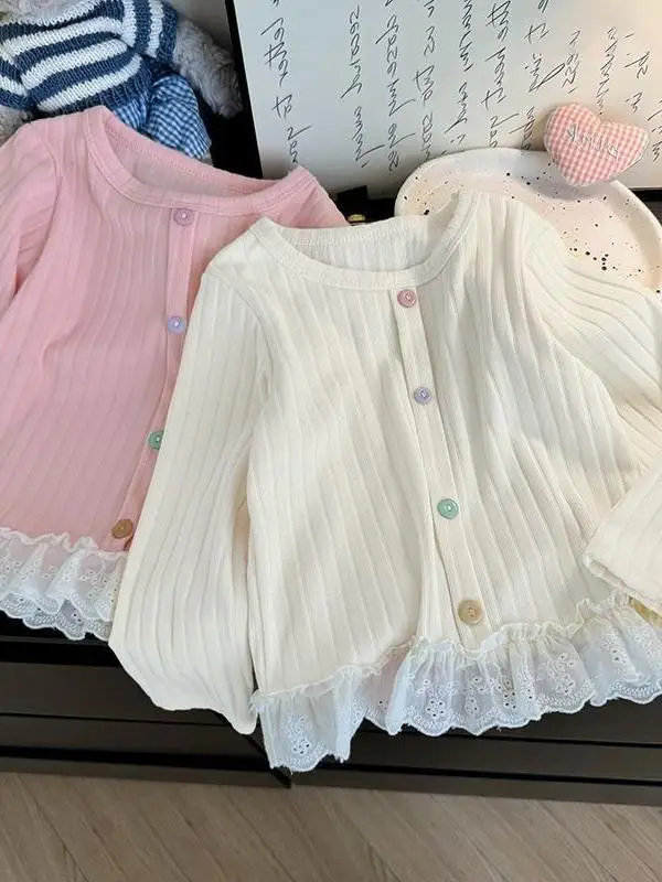 تي شيرت Sweet Girl طويل Sve مع أزرار من الدانتيل بتصميم زهرة صينية Sle لون نقي متعدد الاستخدامات...