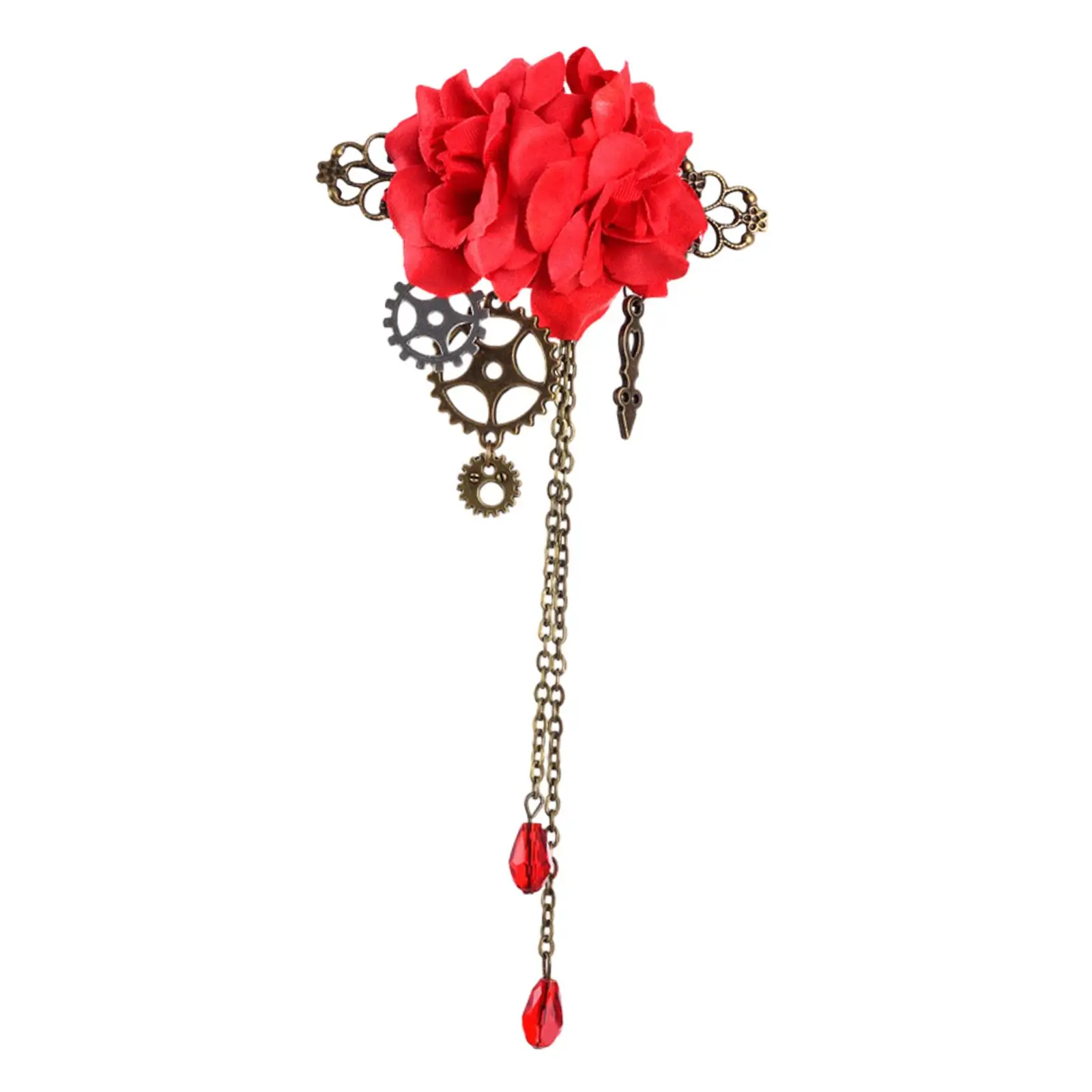 Steampunk Lolita Gear Brooch Pin Tassel Rose Flower Hair Clip Alloy Decorative for Women Wedding Party Prom Scarf Hat