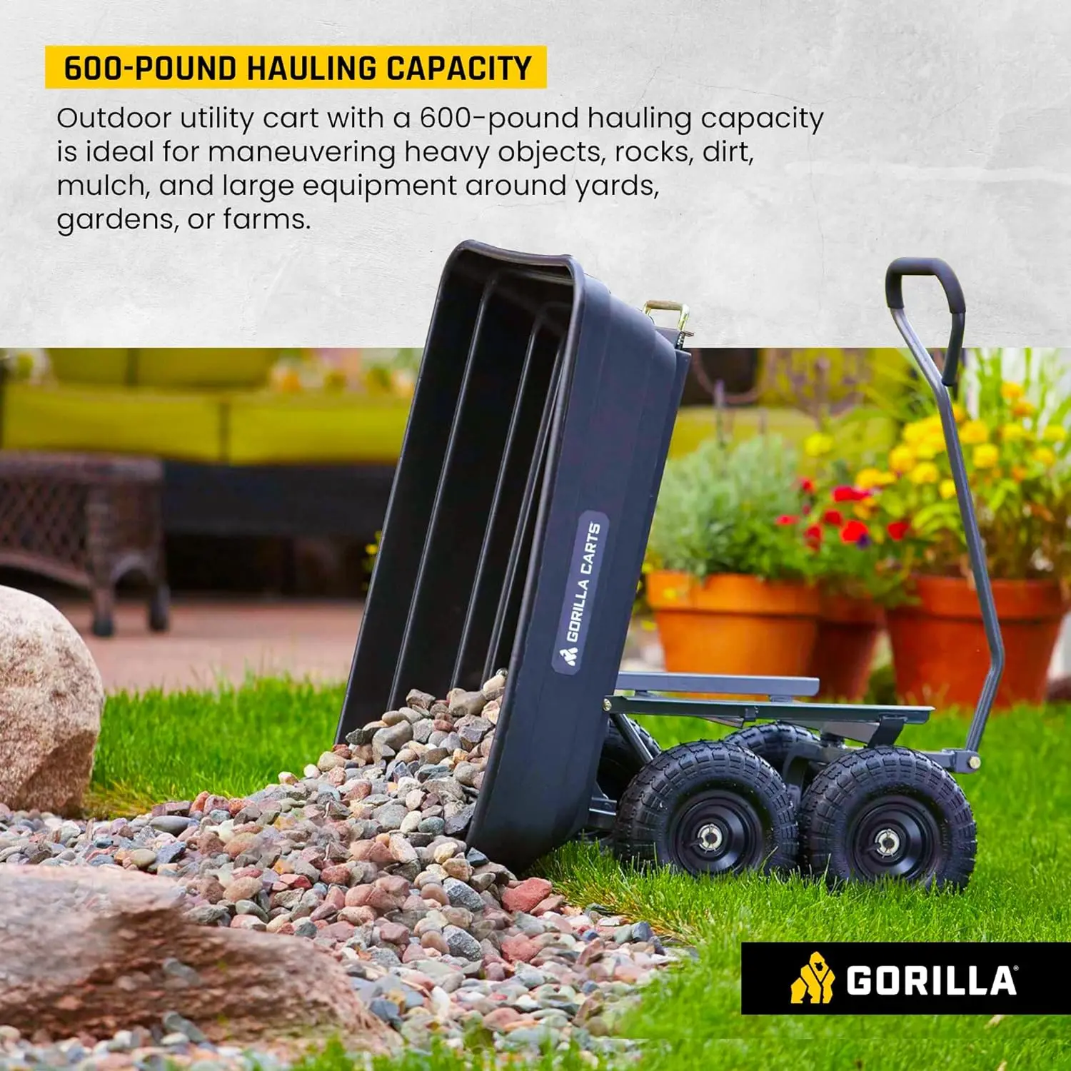 Gorilla-Poly Garden Dump Cart, fácil de montar estrutura de aço, Camping Beach Wagon com sistema de liberação rápida, 600 Pound Cap