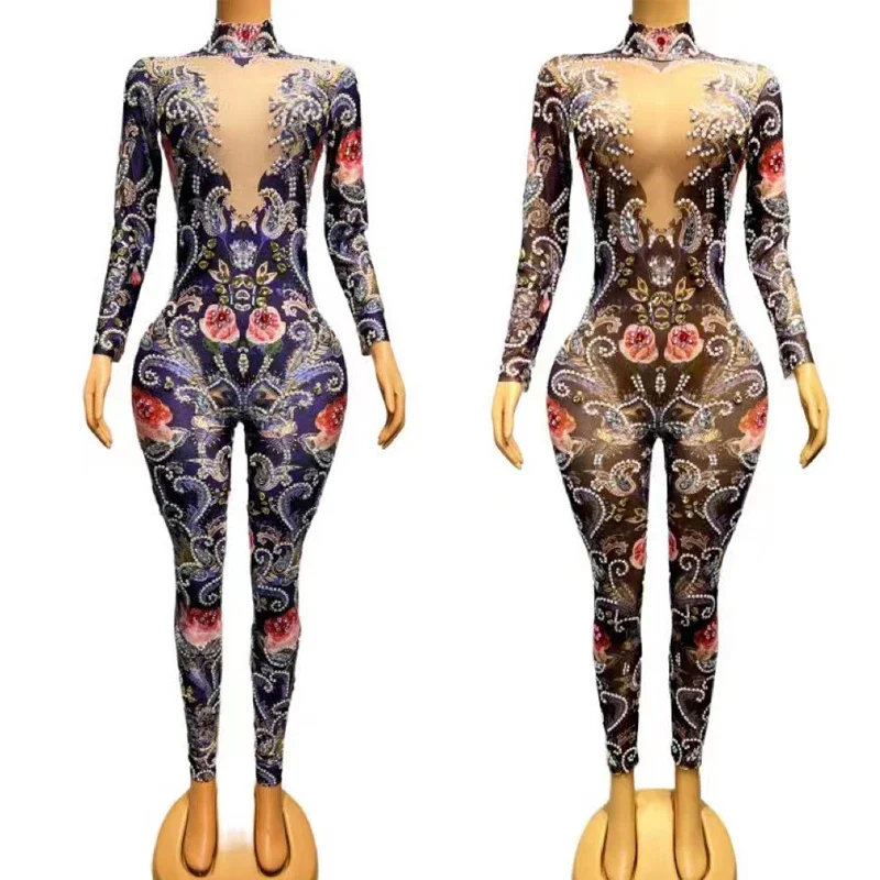 Sparkly 3D Rose Print Full Diamond One Piece Jumpsuit Nightclub Dj Party Pole Dance Outfit Women Stage Daner Costume XS6082