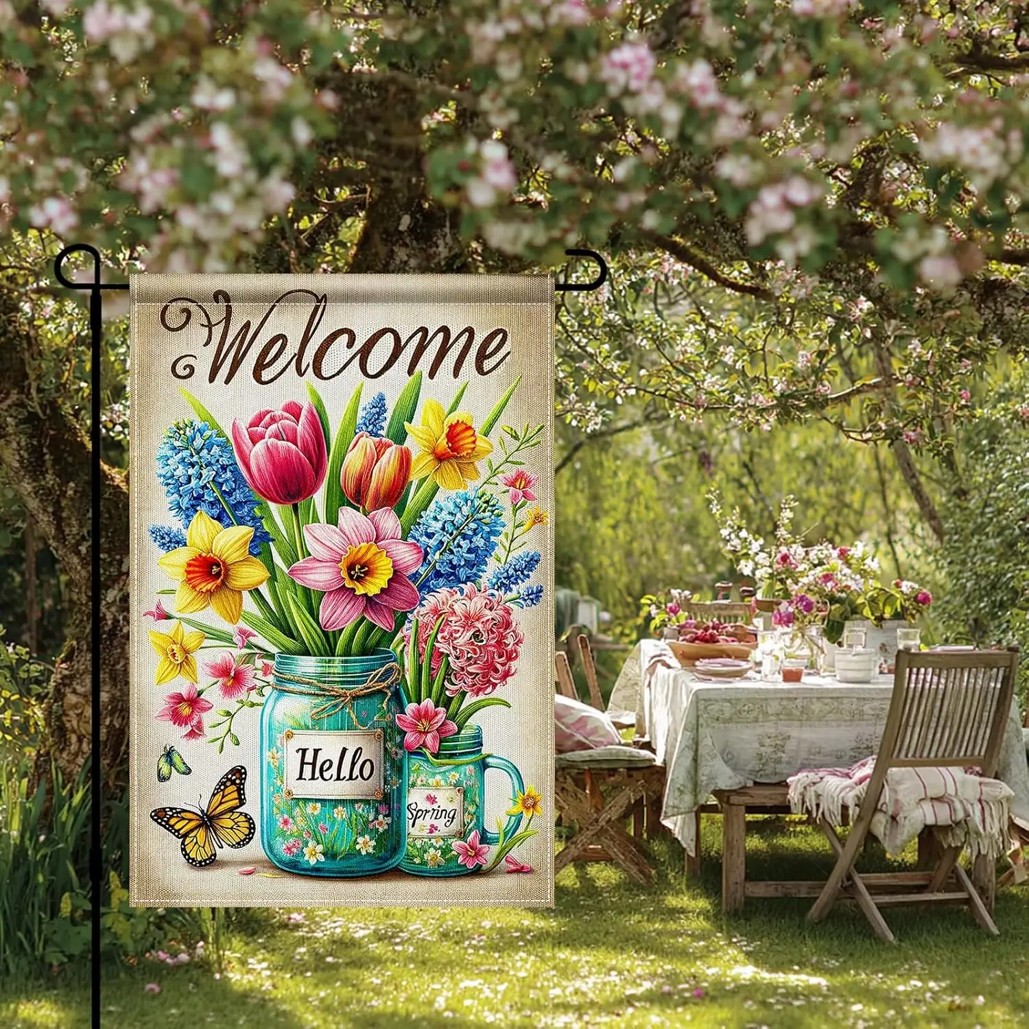BlissYard Welcome Garden Flag 12x18 Inch Double Sided Floral Mason Jar Yard Banner Colorful Spring Flowers Butterfly Rustic  AAS