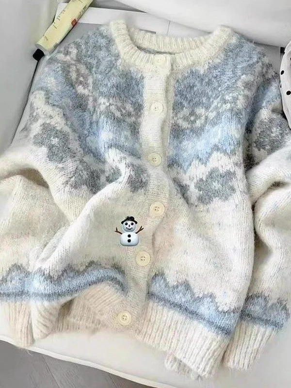 Soft Cozy Women's Knitted Cardigan Sweater Outerwear Autumn Winter Loose Fit Age-Defying Floral Embroidery Long Sleeve Crew Neck