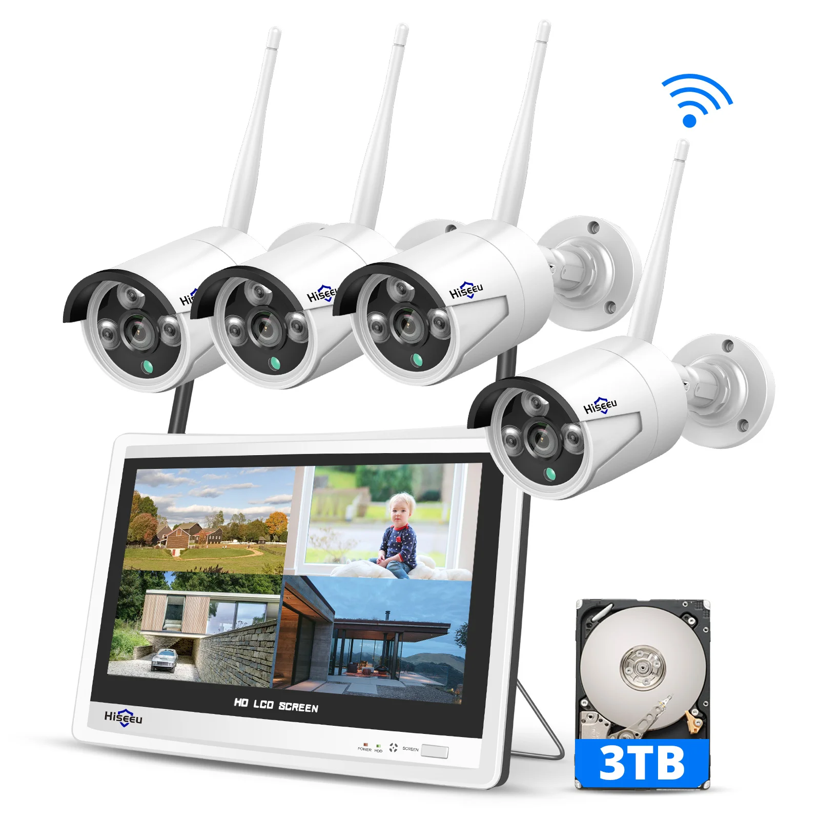 

Hiseeu 3MP Wifi IP Camera Kits NVR 8CH Wireless NVR Kits 12' LCD Display 1536P HD Surveillance Wifi Cctv Camera System