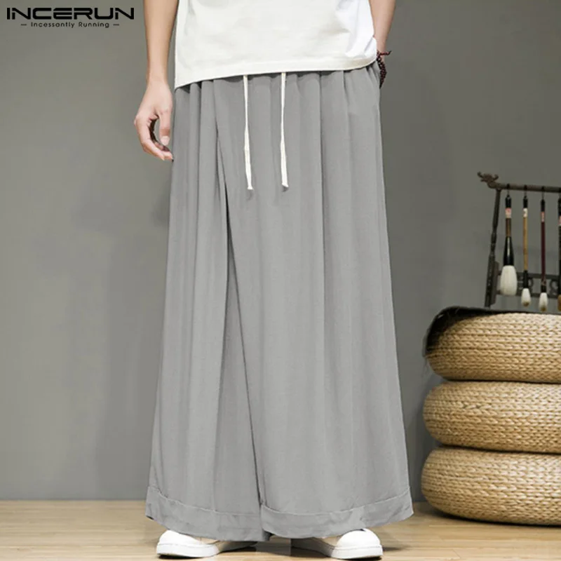 INCERUN Korean Style Simple Wide Leg Long Pants 2024 Men Causal Solid Color Loose Trousers Harajuku pockets Elegant Male Bottoms