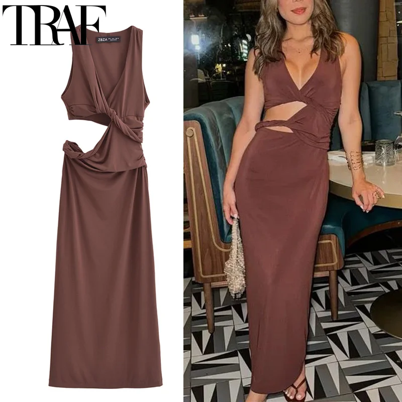 TRAF Ruched Sexy Cut Out Dress Woman Knot Long Dresses Women Summer Bodycon Brown Midi Dress Off Shoulder Holiday Party Dresses