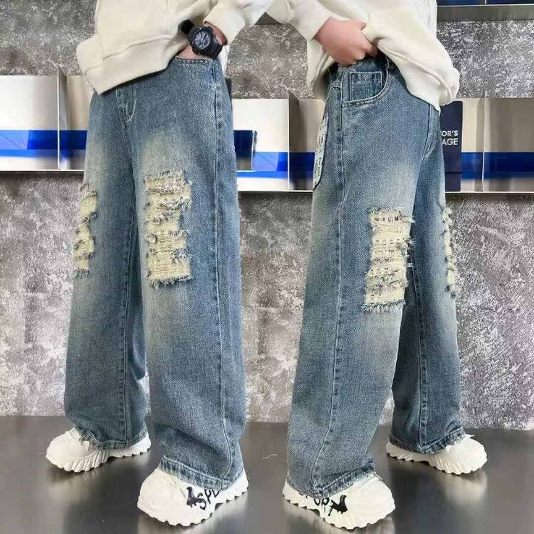 Boys' Pants Spring And Autumn Styles Ripped Jeans Mid Size Handsome Loose And Trendy Boys' Autumn Pants