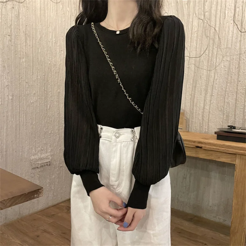 Suéter de malha de retalhos de manga comprida plissada Top base de cor sólida fina