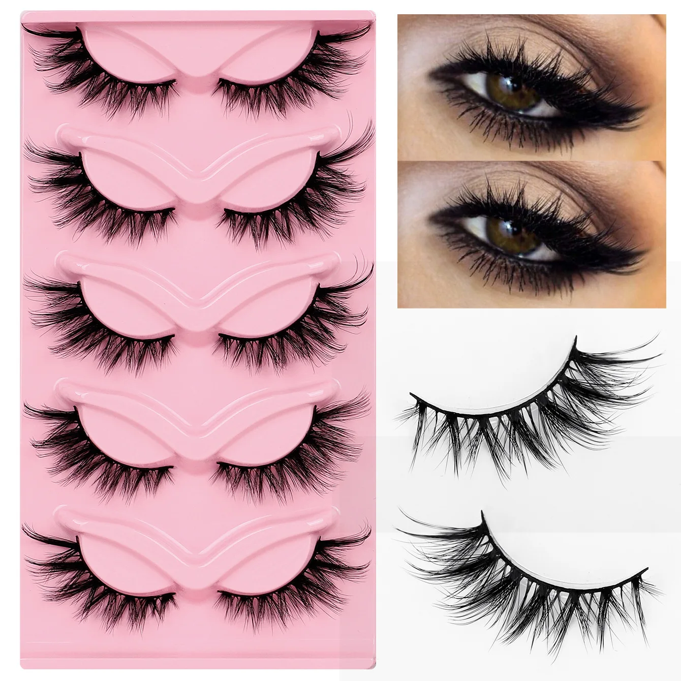 5 Paar 3D Flauschige Nerz-Katzenaugen-Wimpern, geflügelte falsche Wimpern, natürlich dick, voluminös am Wimpernansatz, wiederverwendbare Verlängerungswimpern für Alltag und Party