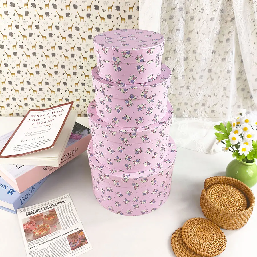 4 Stück Rosa Blumenmuster Runde Geschenkverpackungsbox Elegante Geschenkboxen für Erntedankfest und Muttertag