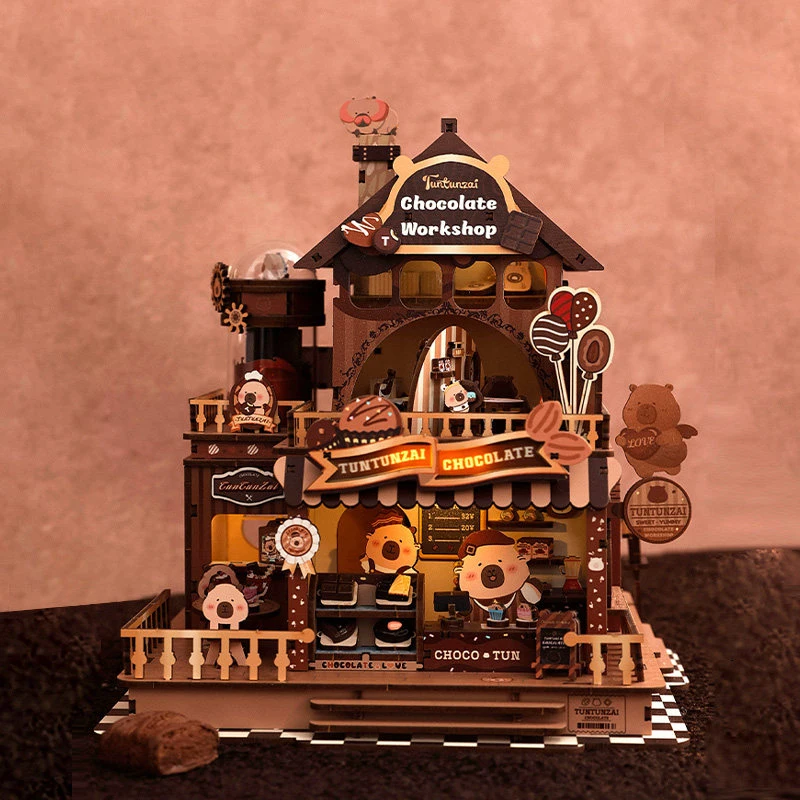 DIY Wooden Chocolate Workshop Casa Miniature Model Kits With Furniture LED Lights Dollhouse for Friends Birthday Gifts