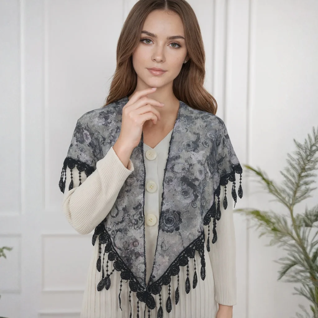 Multi-Color Design Floral Contrast Scarf Hollow Embroidery Tassel Lace Boho Triangle Scarf Headscarf Shawl For Wedding Party