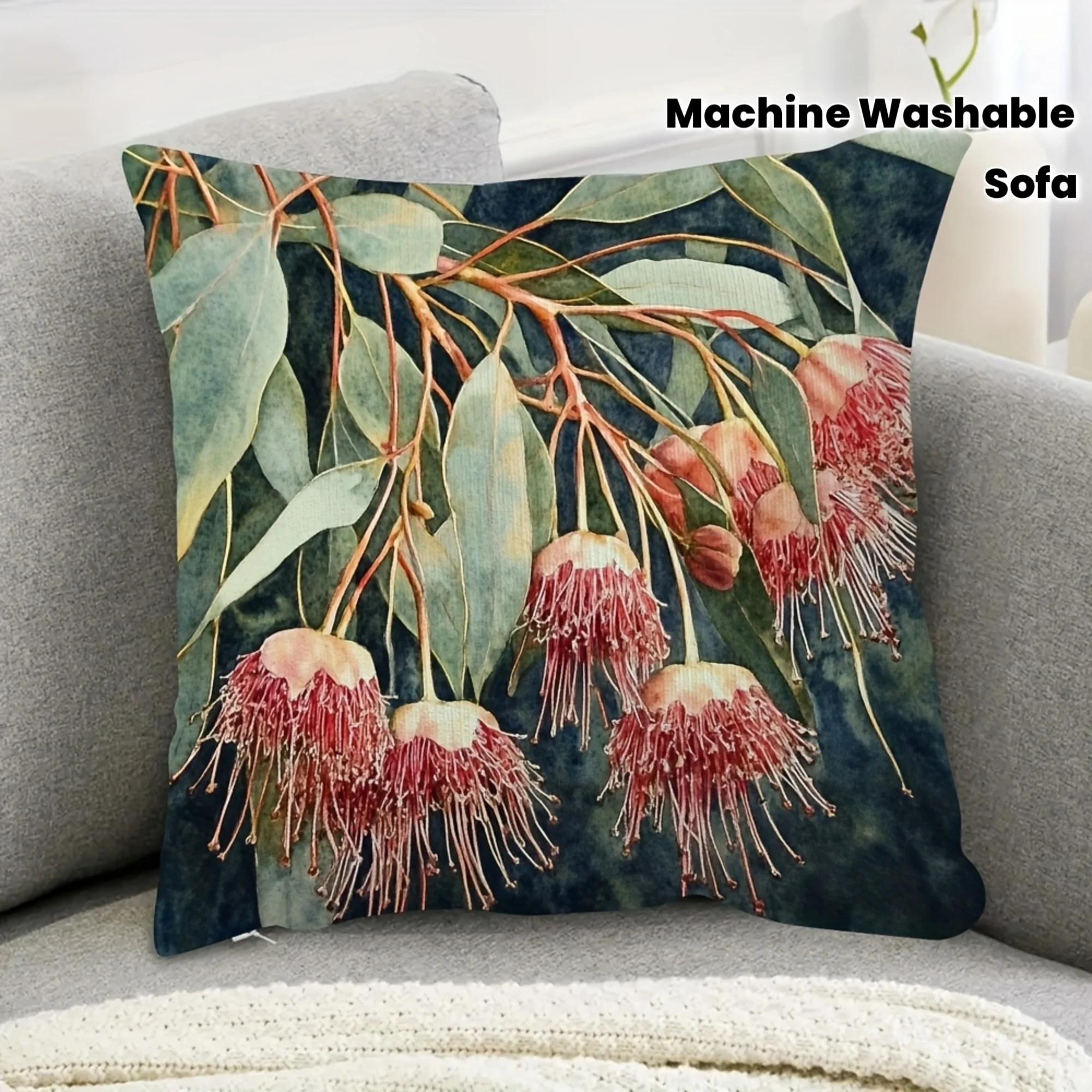 1pc Boho Living Room Pillow Cover, Polyester 2D Double-Sided Print, Watercolor Eucalyptus Blossom Cushion, Perfect Gift for Plan