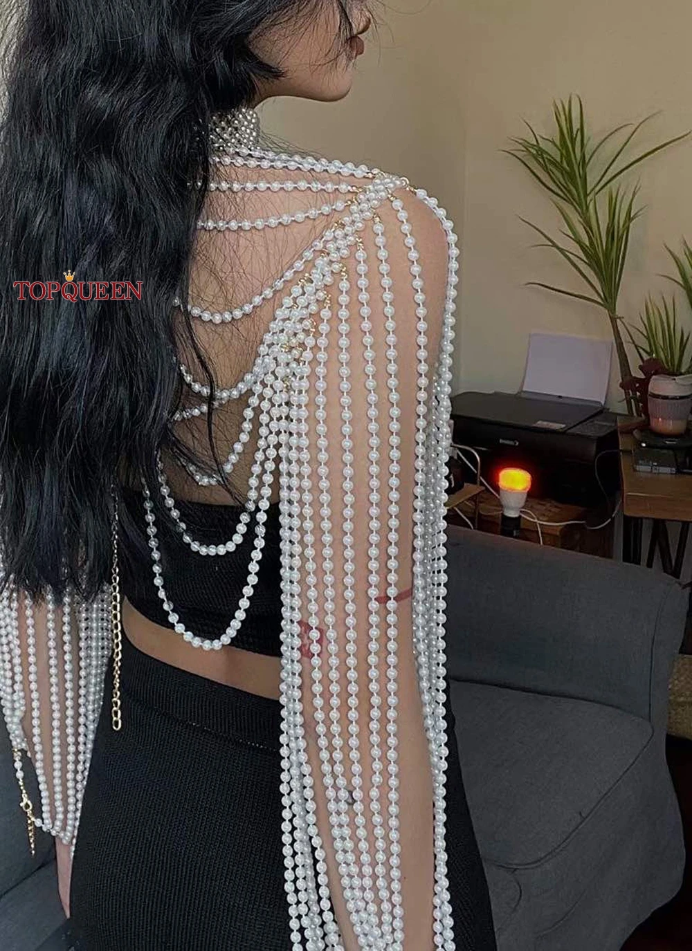 TOPQUEEN VG67 Pearls Bridal Wraps Wedding Jacket Sexy Pearl Body Chain For Women Necklaces Shawl  Shoulder Pearl Sweater DIY