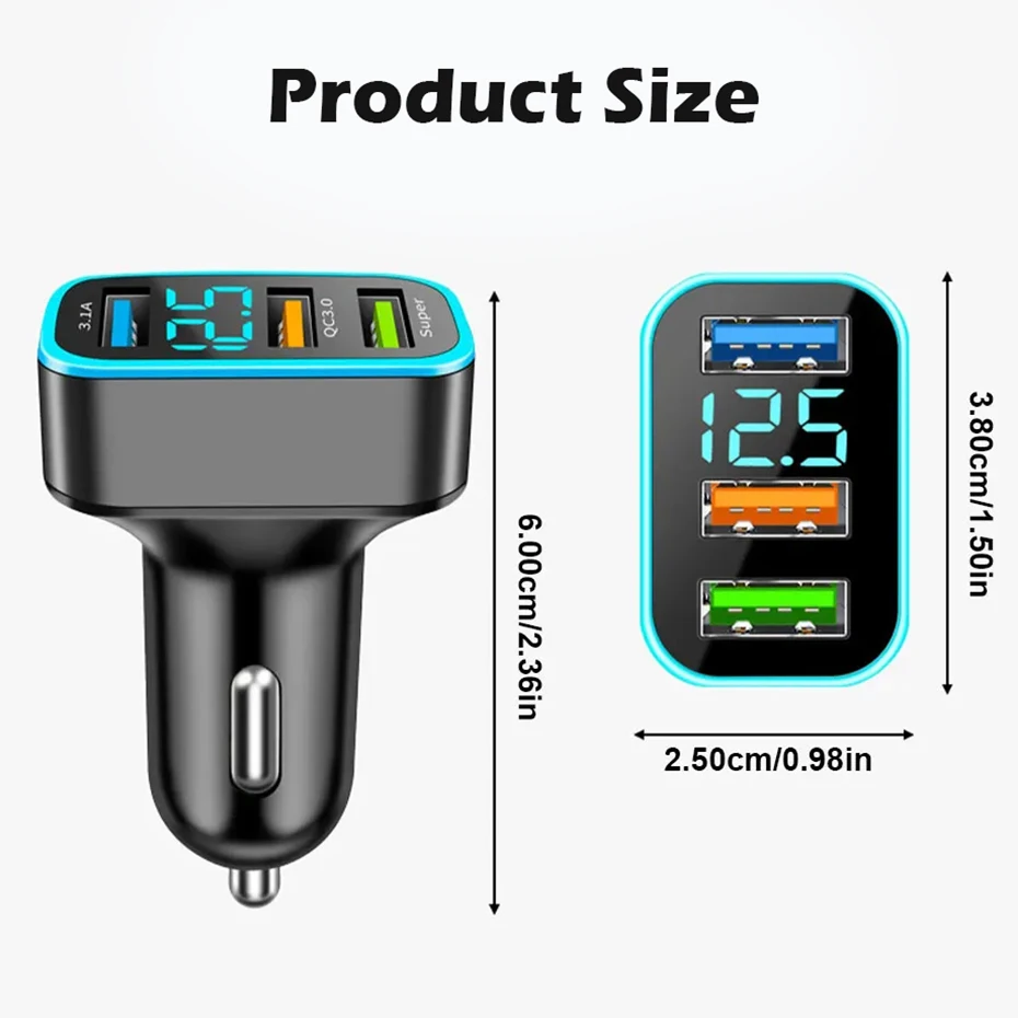 66W Quick Charge Car Charger Cigarette Lighter Adapter 3-Port USB A+C Fast Charging Phone Charger for iPhone Xiaomi Huawei