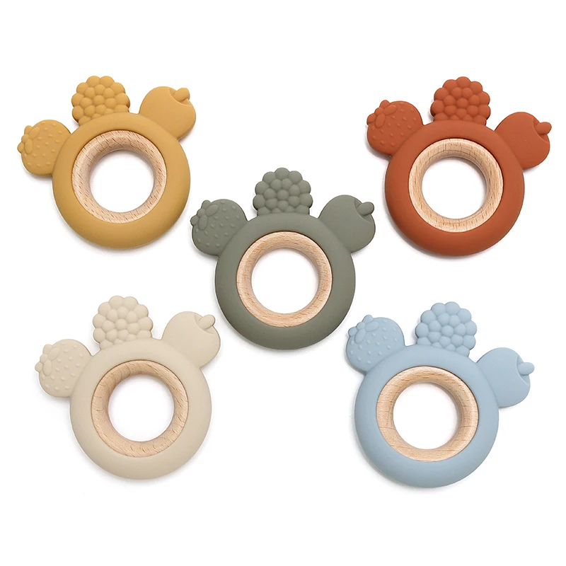 1PC Wooden Ring Teether Toy Newborn Nursing Teething Toys Fidget Toys Silicone Children Cute Chewing Toy Baby Accessories