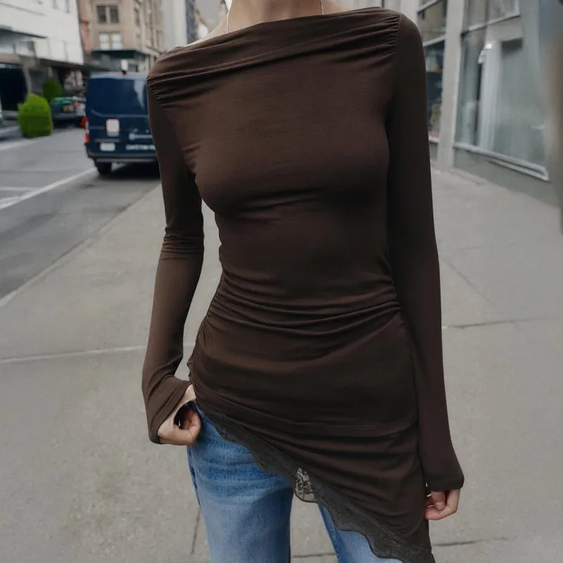 Off‑Shoulder Lace Top Women Irregular Hem Slim Fit Casual Long Sleeve T‑Shirt