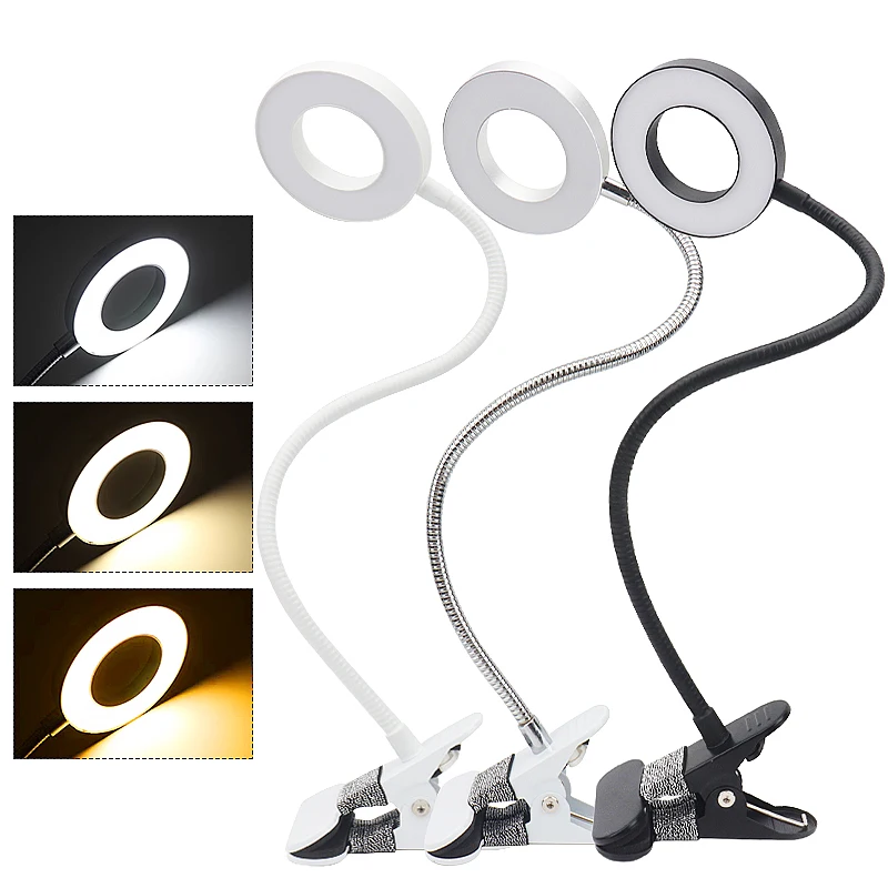 3 Modes Dimmable USB Clip LED Ring Lamp Flexible Bendable Portable Fill Light Eyelash Lash Extension Tattoo Makeup Clip Light