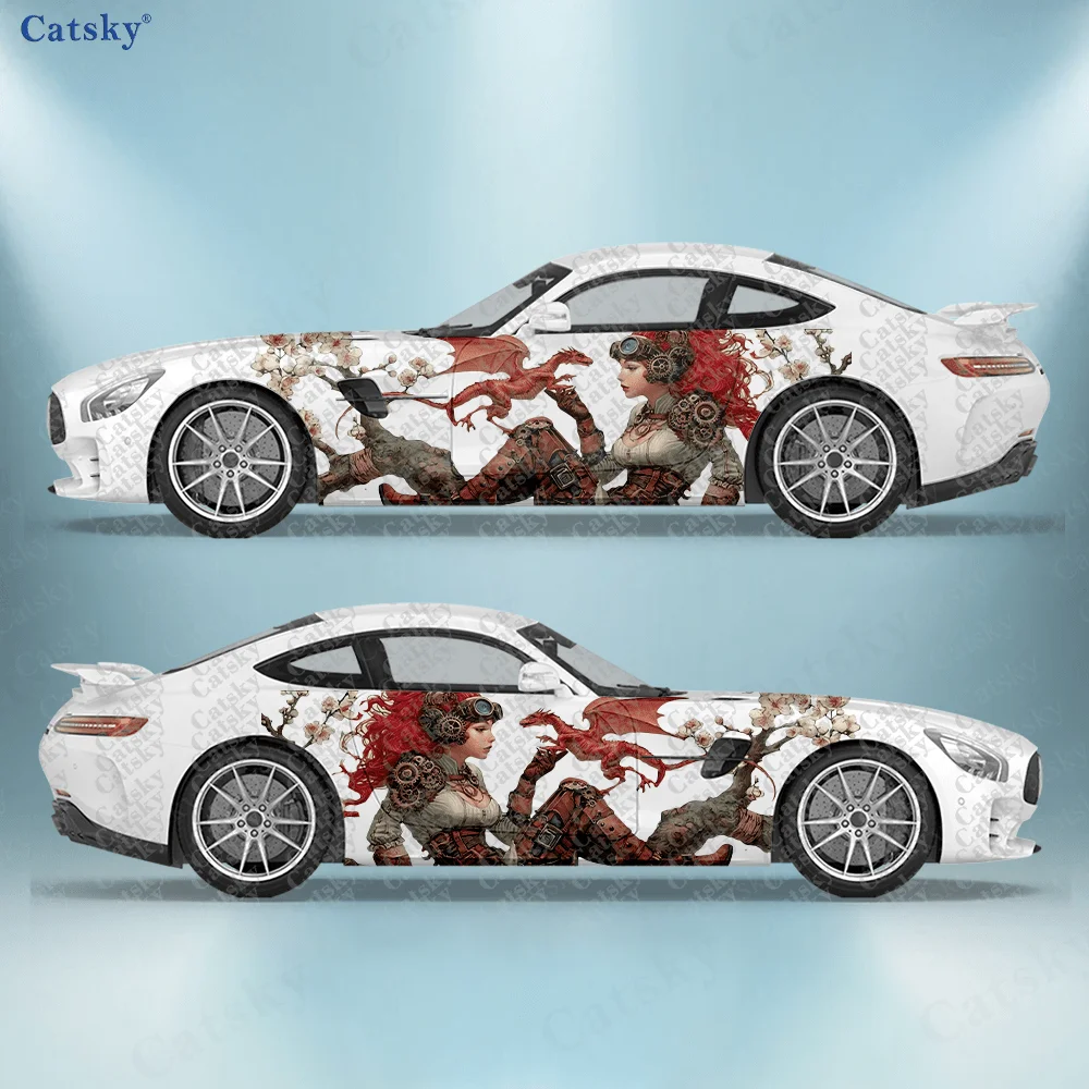 

2 шт. механических наклеек на боковые части автомобиля с изображением девушки-красноголовки и дракона, самоклеящиеся, из ПВХ, водонепроницаемые и устойчивые к царапинам, аксессуар для автомобиля, подарок