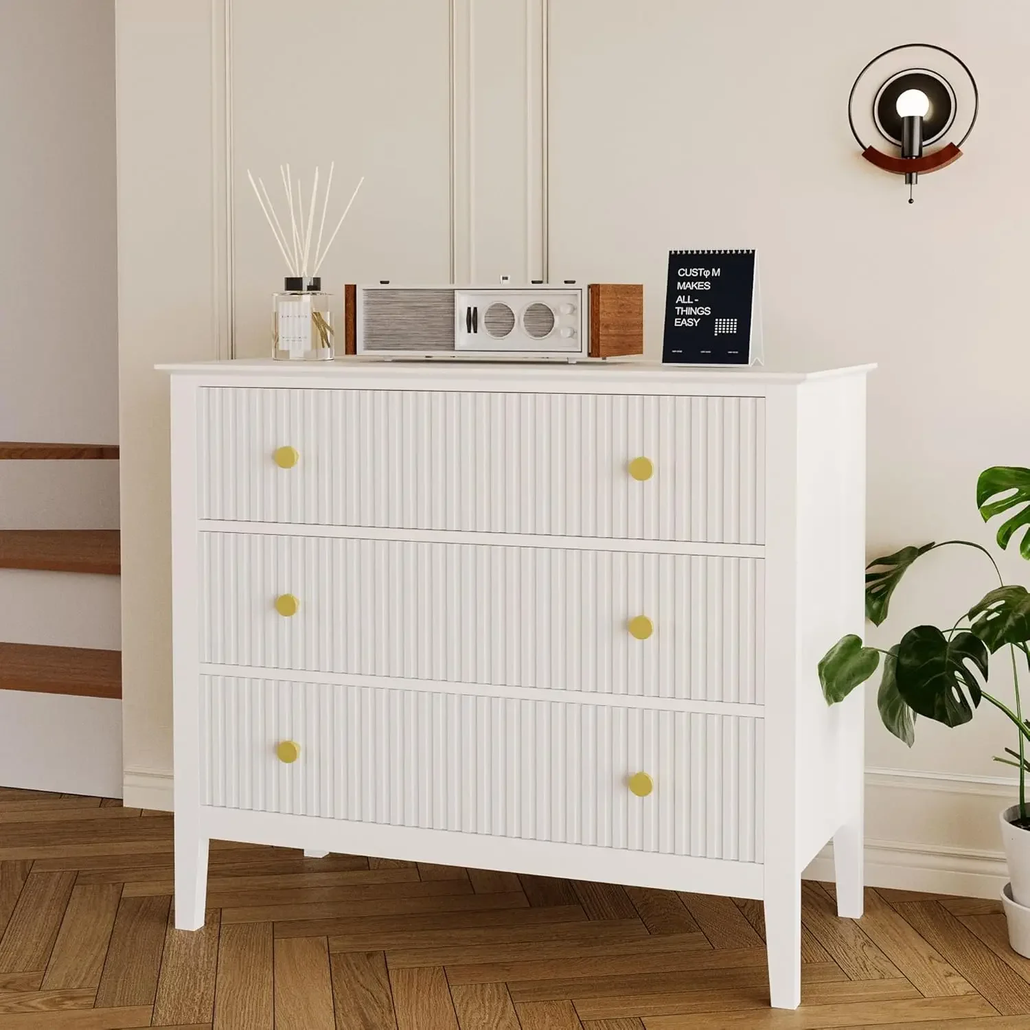 White Storage Cabinet with 3 Drawers, Modern Wood Sideboard Buffet Cabinet, Gold Handles Buffet Cabinet with Large Storage for