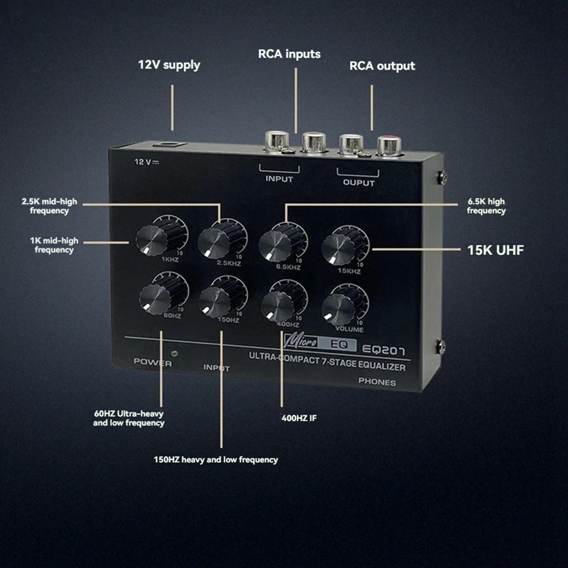 Preamp EQ207 7 Band Equalizers Sound Modifiers DC12V Power Input Audio Mixer