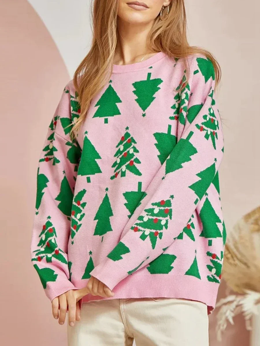 2024 Women Pink Comfy Sweaters Casual Warm Christmas Tree Print Long Sleeve Pullover Basic Knitwear for Fall Fashion Streetwear