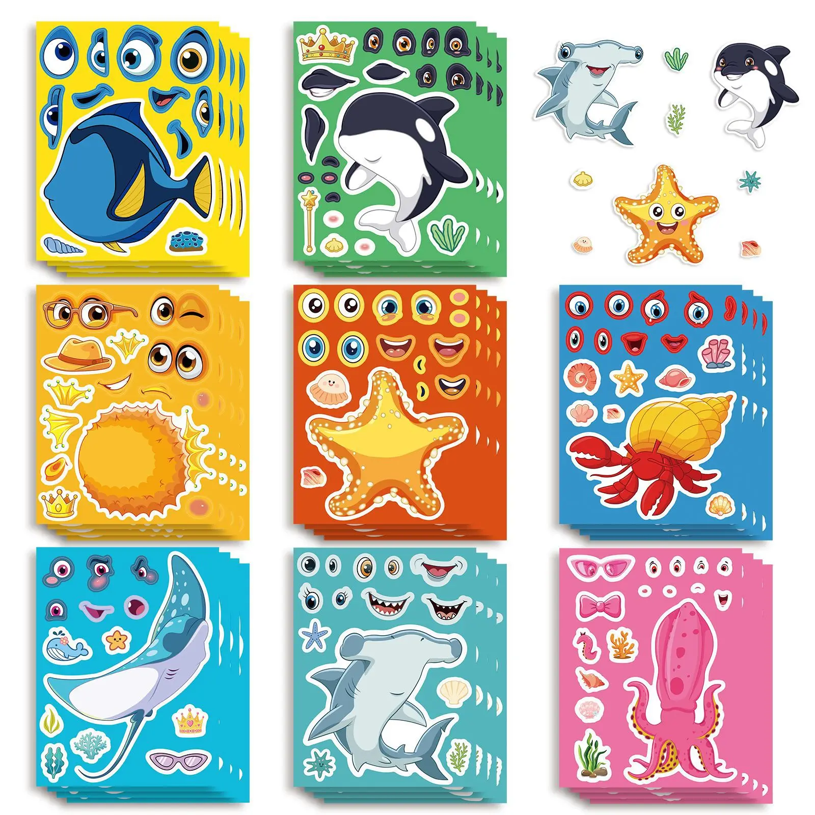 8 Pcs Cartoon Sea Animal Face Change Stickers Marine Life DIY Waterproof Decals for Stationery Rewards Gift