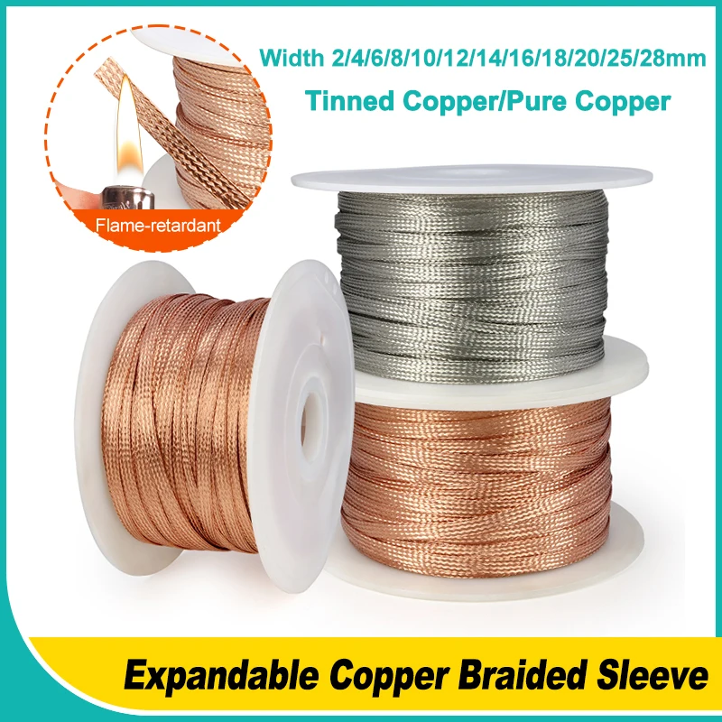 1M ~ 20M Pure Copper Tinned Plating Braided Sleeve Width 2mm ~ 28mm Expandable Screening Signal Wire Cable Shielded Metal Sheath
