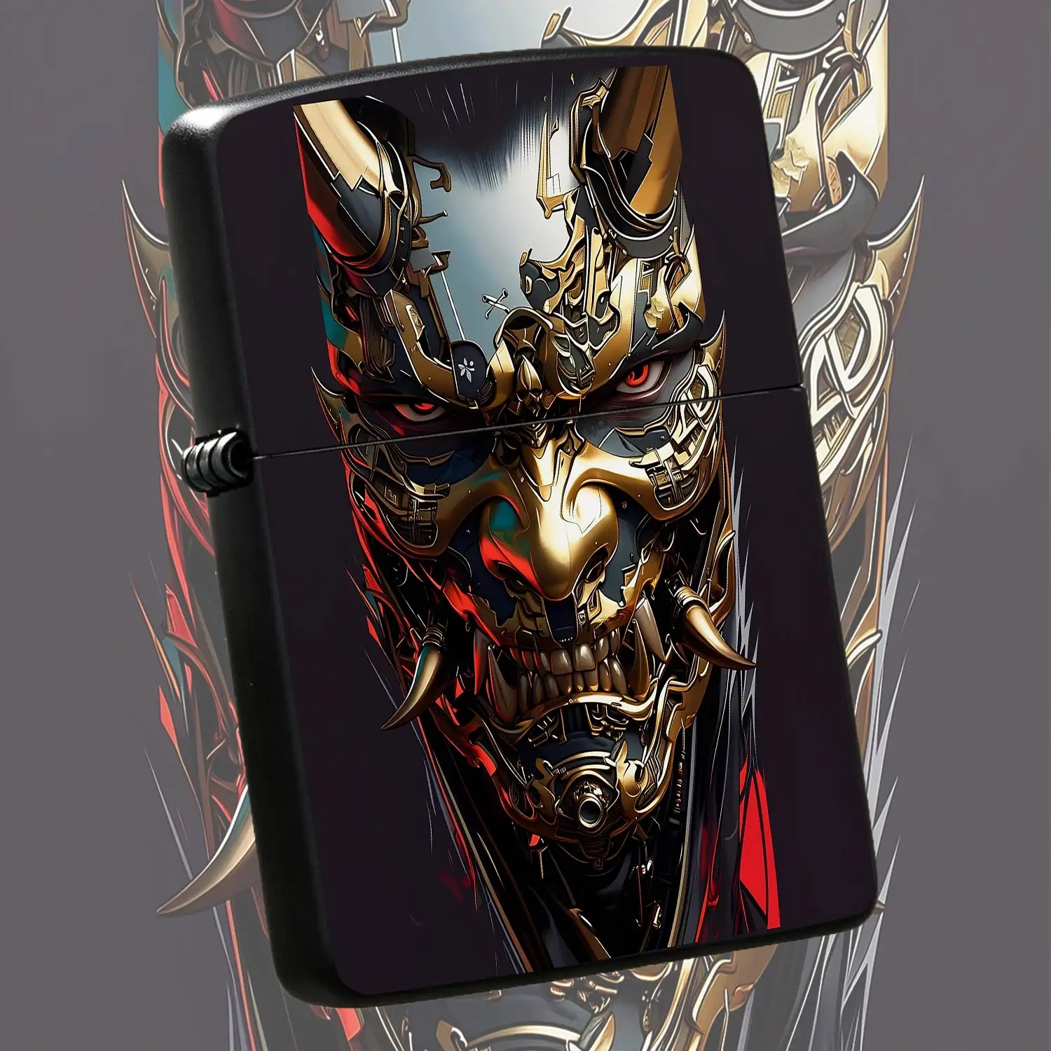Cyber Mecha Hannya Themed Pocket Lighter, Exquisite Gold Engraved Art Design, Stylish Ornament For Daily Multi-Scene Use, Unique Collectible Gift For Friends, Ideal Decor Accessory For Daily Carrying And Display A Humorous And Interesting L