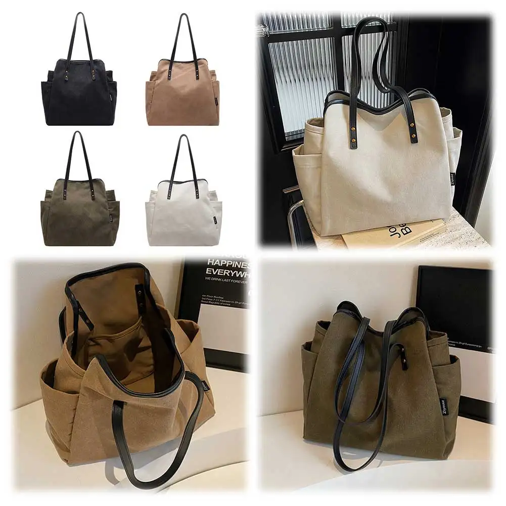 

Women Canvas Tote Bag Multi Pockets Vintage Shoulder Bag Large Capacity Solid Shoulder Bag Ladies Commute Bag