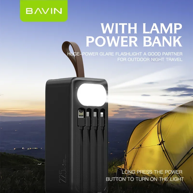 BAVIN Wholesale Portable Large Capacity 60000 mah Power Bank 22.5W Fast Charging powerbank with Flashlight and Cables pc030s