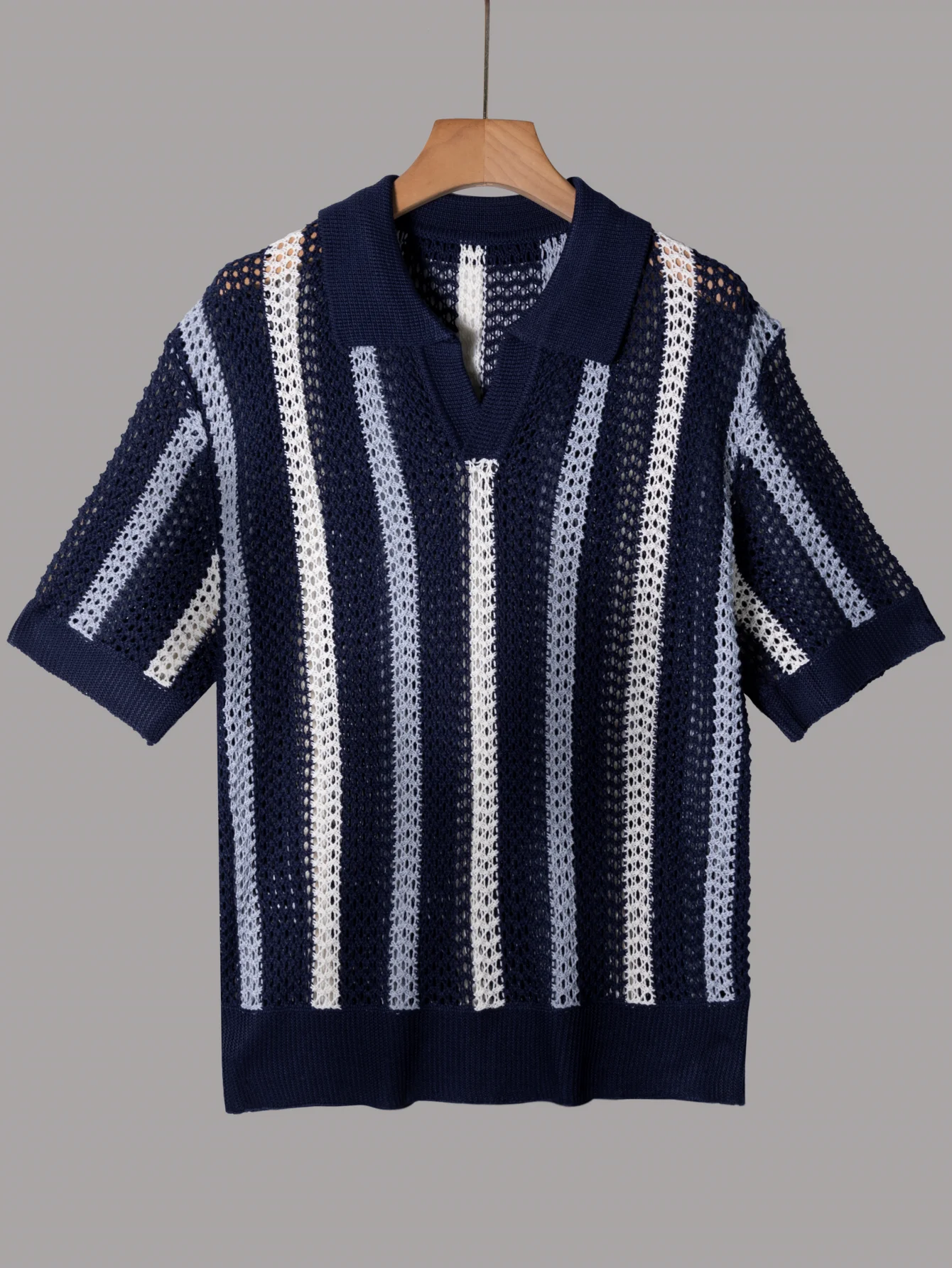 Herren Sommer Kurzarm-T-Shirt - Schlichter Designer-Stil, Geometrisch Gemusterter Gestreifter Kragen Strick-Pullover, Polo-Stil