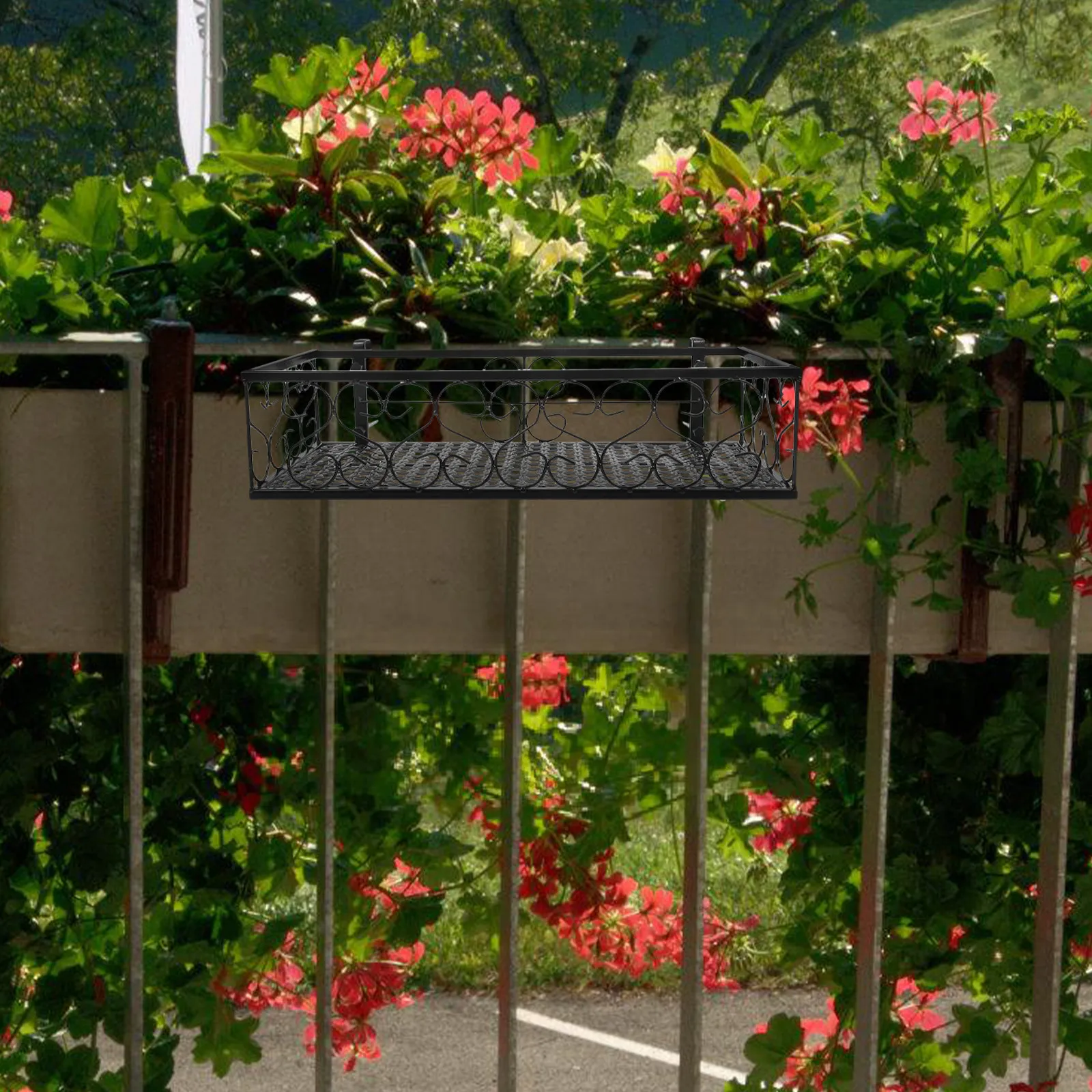 1Pcs Premium Iron Rectangular Fence Hanging Flower Stand Heavy Duty Balcony Guardrail Plant Shelf for Succulents Flowers Home