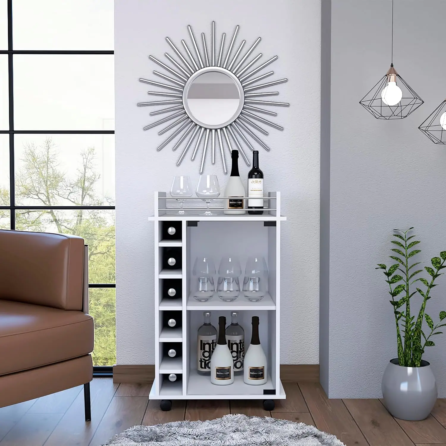 Two Tier Glass Door Bar Cabinet, Six Cubby Liquor Wine Tea Cart for Home Serving, Metal Frame, Customized
