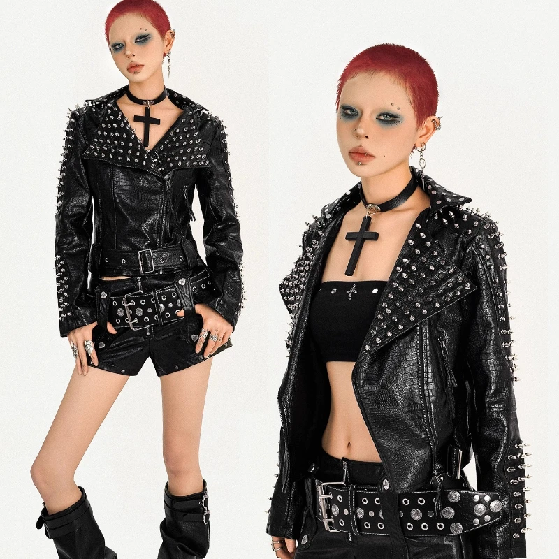 

Женская куртка в американском уличном стиле, готическая темно-крутая локомотивная куртка для девочек, осень 2023, новые женские кожаные куртки из искусственной кожи с заклепками в стиле панк