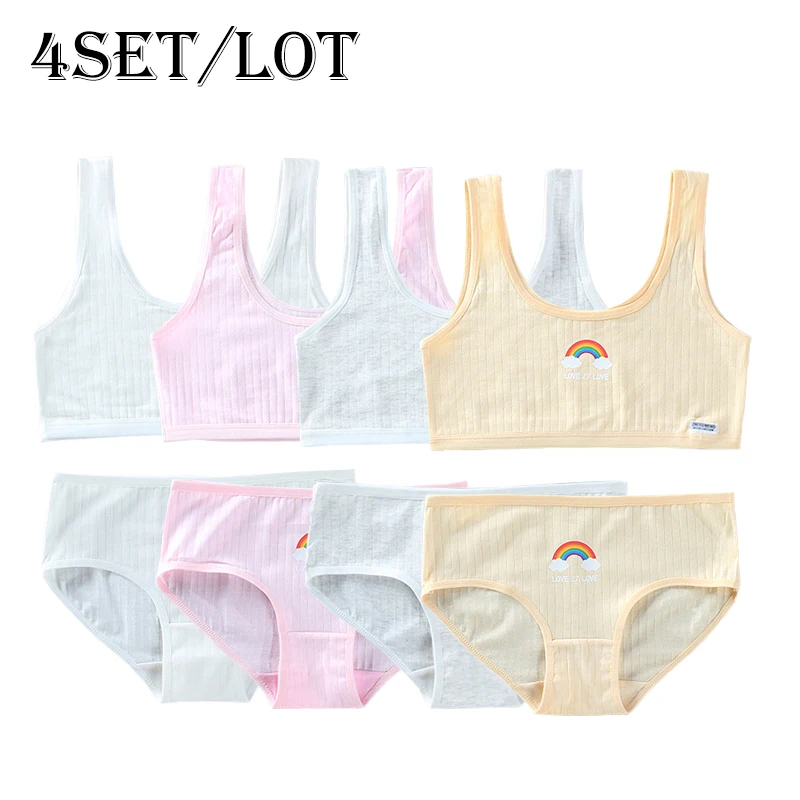 LJMOFA 4Set 8-16Y Girls Underwear Set Cotton Panties Girl Wireless Bras Soft Sweatwicking Teen Brassiere Panty Lingerie Set B246