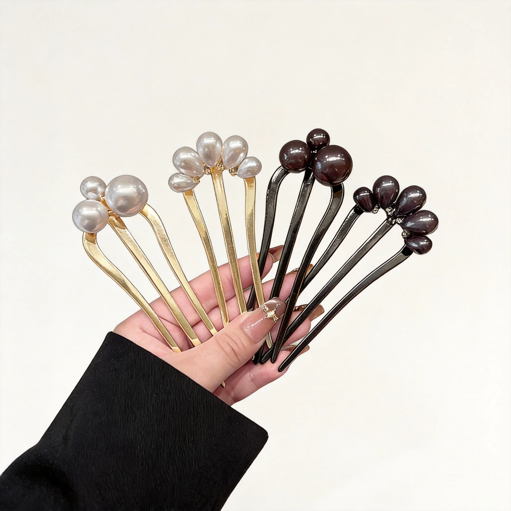Chinese Style Lucky Faux Pearl U Shape Hairpins Women Vintage Hair Sticks For Bun Fixing Elegant Gold Gun Black Hair Accessories