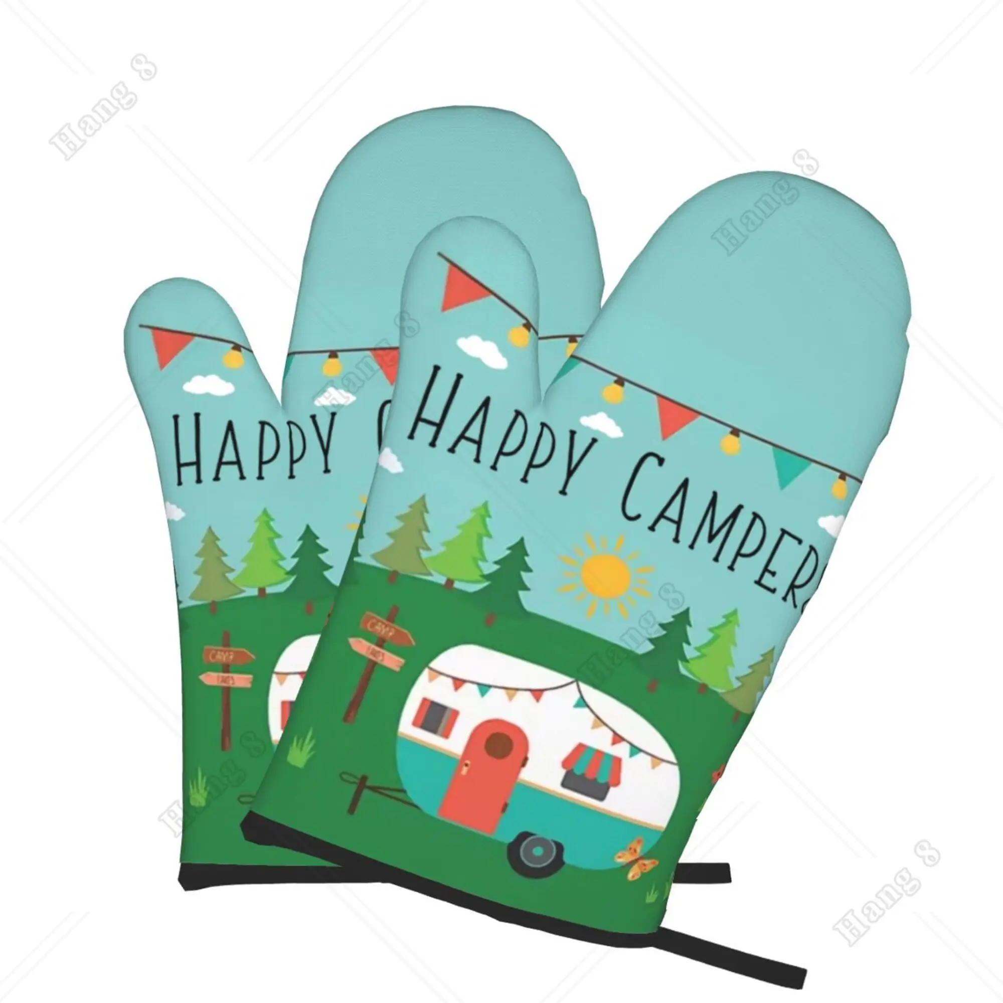 Happy Camper Cartoon Print Oven Gloves 2pc Men Women Kitchen Cooking Accessories Prevent Heat Holder One Size Bbq Washable