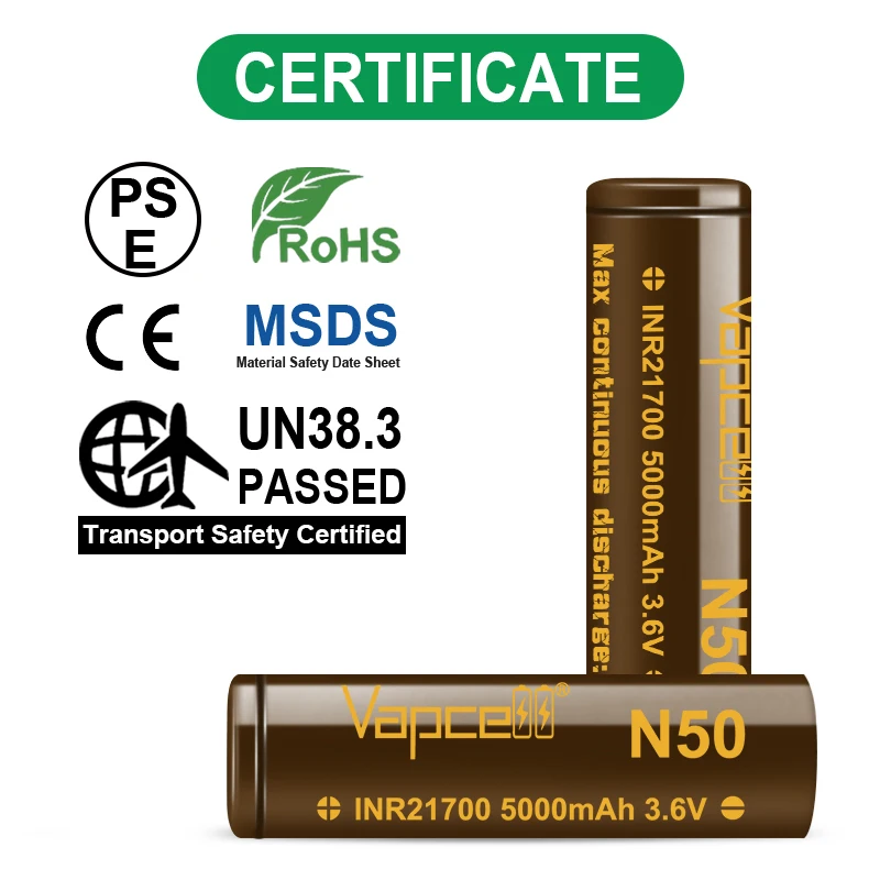 High Capacity Vapcell N50 21700 5000mah lithium Cylindrical Battery 15A 3.6V INR21700 Rechargeable Batteries for Home Appliances