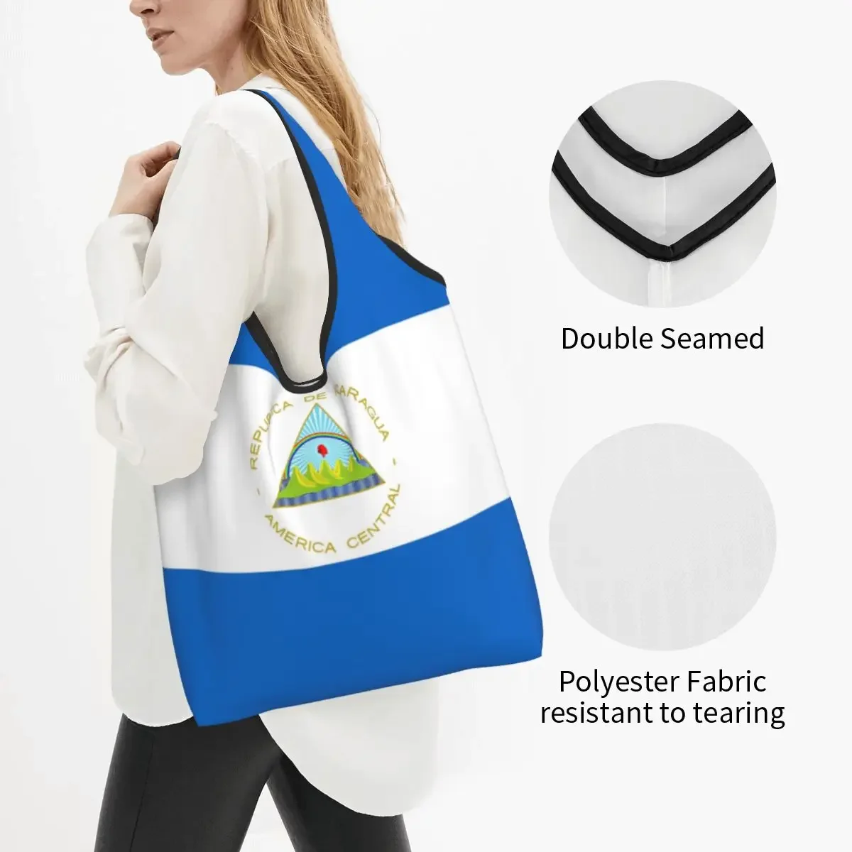 Custom Nicaragua Flag Stickers Grocery Tote Shopping Bag Kawaii Proud Patriotic Shopper Shoulder Bags Large Capacity Handbag