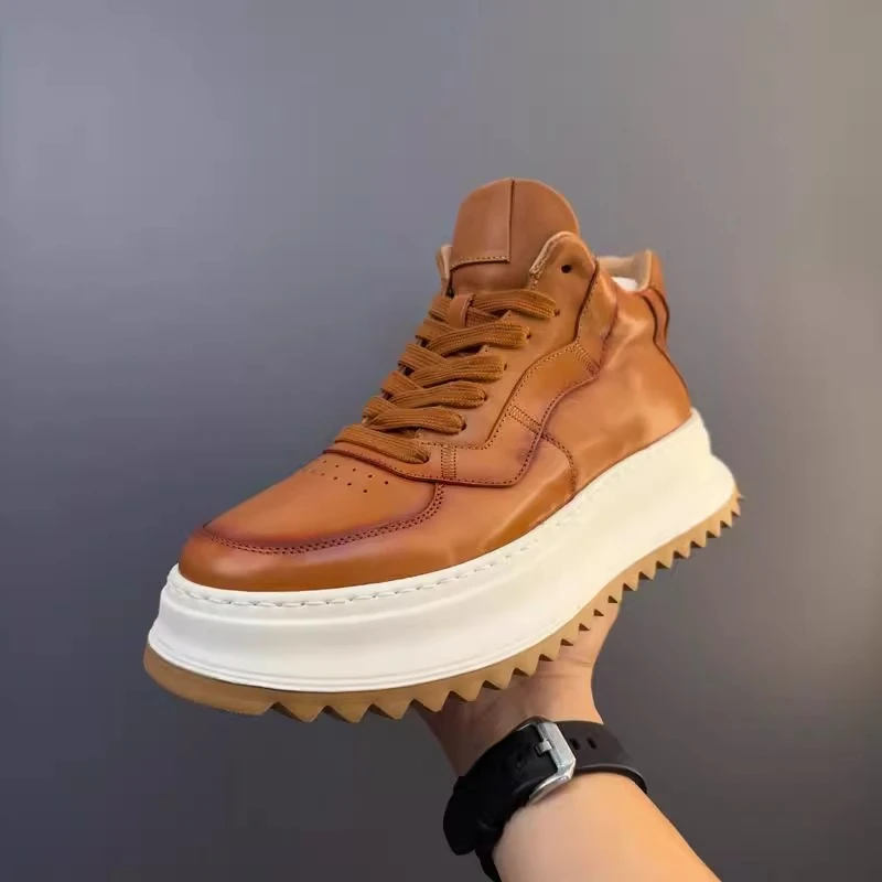 

Autumn Winter Genuine Leather Riding Boots Men's Retro Handmade High Top Casual British Thick Soled Trendy Cowhide Ankle Boots