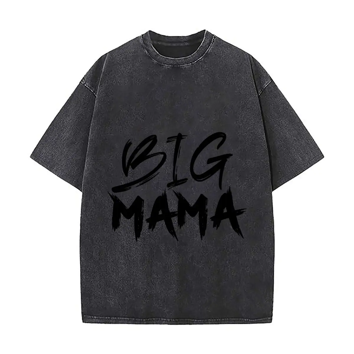 BIG MAMA Bold Brush Lettering Text Design Washed Short Sleeve Loose Streetwear Tee Hip Hop